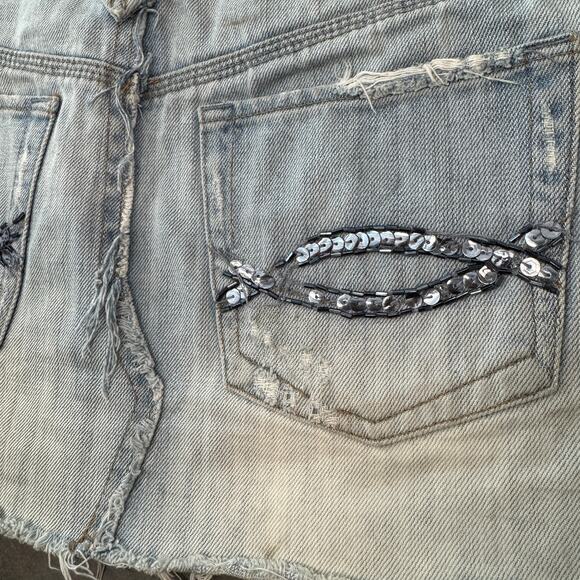 Vintage Y2K Abercrombie & Fitch Mini Sequin Mcbling Denim Frayed Skirt SZ 2 - Picture 6 of 6